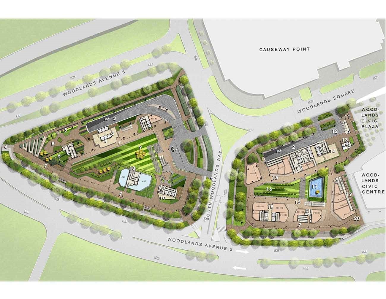Woods Square site plan showing Tower 1, Tower 2, SOLO 1 and SOLO 2 layout at Woodlands Square Singapore